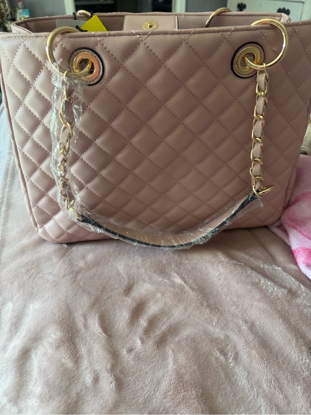 Quilted Blush Pink Chain-Handle Tote Bag matching small crossbody and wallet